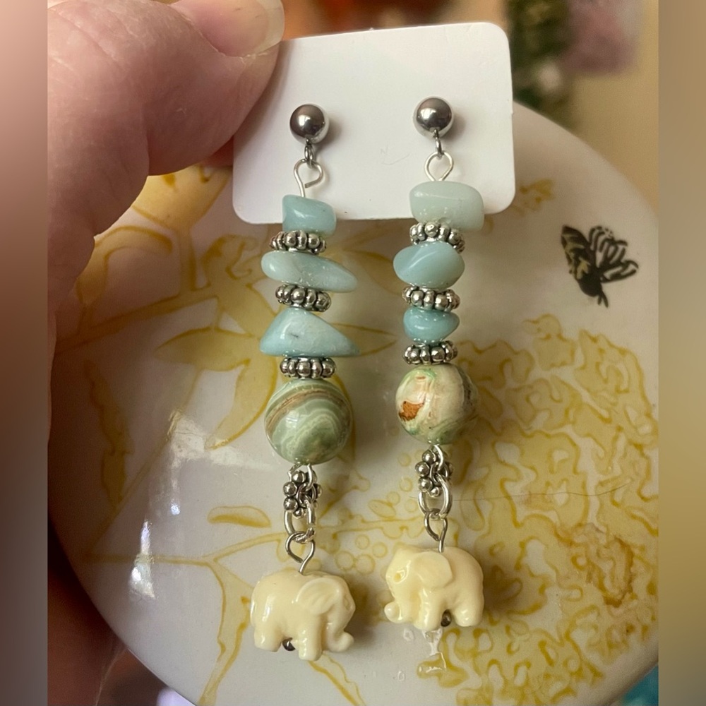 Larimar & Phoenix Stone Beaded Elephant Earrings - Picture 6 of 7